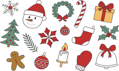 A festive set of Christmas icons and elements including a winter tree, snowman, Santa hat, bell, gift box, and holiday decoration vectors