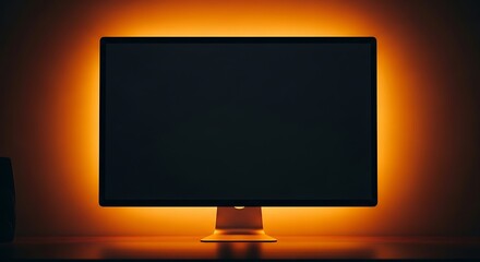Illuminated computer monitor with orange backlight against a dark wall.