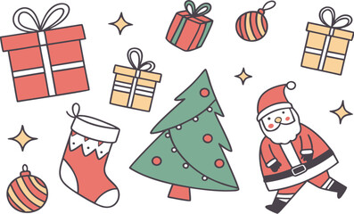 Vector illustration set of Christmas icons, symbols, and elements with tree, holiday gifts, snowman, and Santa hat decoration