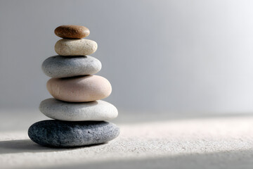 stacked smooth stones on a neutral surface with soft side light forming a tranquil zen backdrop
