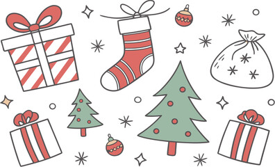 Seamless Christmas pattern with holiday celebration elements like tree, star, snowflake, and gift vector illustration