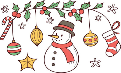 A cartoon vector illustration of a festive snowman wearing a hat next to a Christmas tree, decorated with snowflakes and a star for the winter holiday season