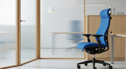 A blue ergonomic chair situated in modern office space. The design represents comfort, support, and contemporary workspace style with clean lines.
