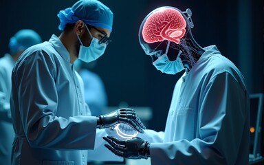 Doctor surgeon and neurologist use robotic and medical technology diagnose and examine patient brain with intelligence software. AI, Innovation, Science and technology digital medical , Generative AI.