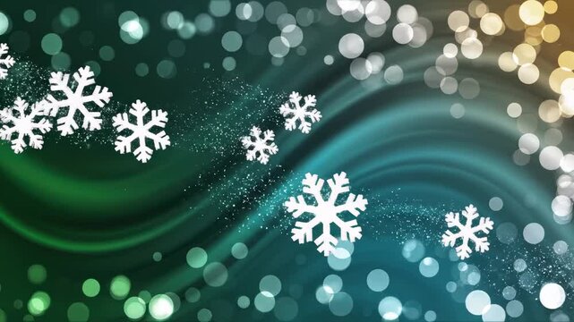 Snowflakes drifting on abstract green and blue background with bokeh  