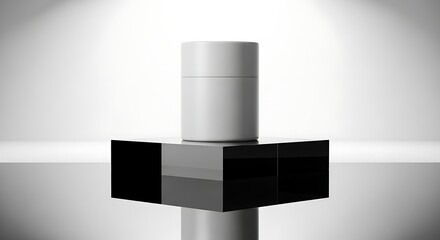 Minimalist product shot of a white jar on a black and gray pedestal.