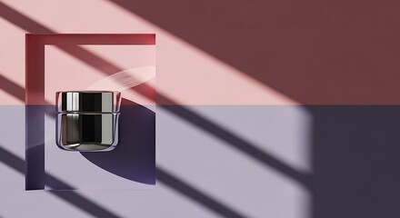 Cosmetic jar on a purple and pink background with shadow.