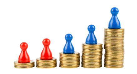 A visual representation of financial growth with game pieces on stacks of gold coins on black background