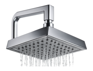 A modern, angular overhead showerhead delivering powerful, high-pressure water flow.