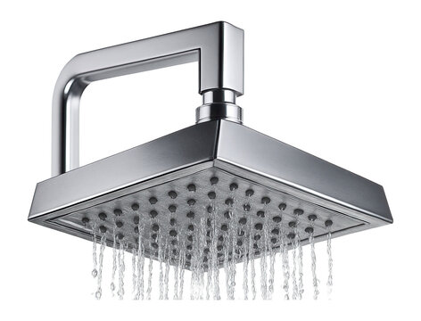 A modern, angular overhead showerhead delivering powerful, high-pressure water flow. - Powered by Adobe