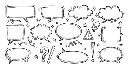 Fototapeta premium Hand-drawn speech bubble doodles with thought clouds, exclamation points, and question marks