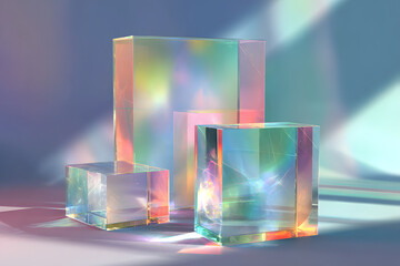 translucent glass like shapes with holographic edges and soft blur creating a clean minimalist layout
