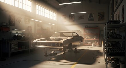 Classic car in sunlit restoration garage