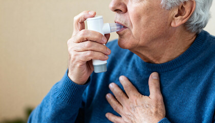 Senior man using asthma inhaler at home. Health care concept.