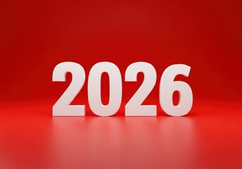 White year two thousand twenty six on a shiny red surface background