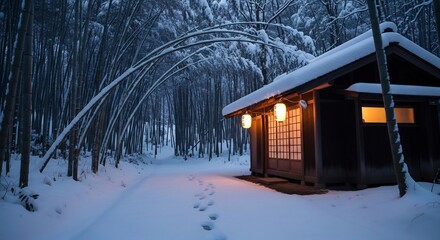 Winter landscape featuring a cozy cabin illuminated amidst a snowy bamboo forest. Serene nature for travel, meditation, holiday cards, and peaceful backgrounds.