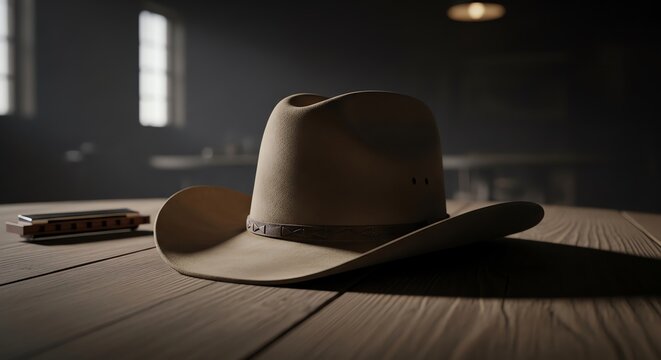 Cowboy hat and harmonica on wooden table