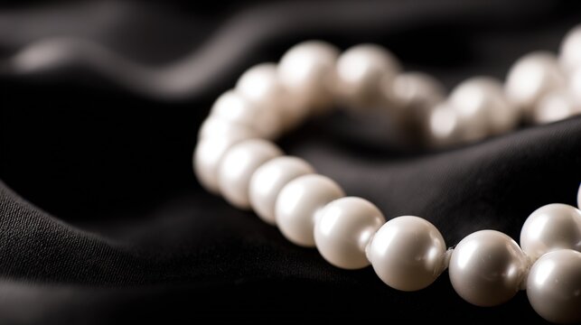 luster. A single strand of pearls arranged in curves on black velvet with soft lighting. lifestyle magazines, social media lookbooks, designed for lifestyle magazines and social media content.luster. 