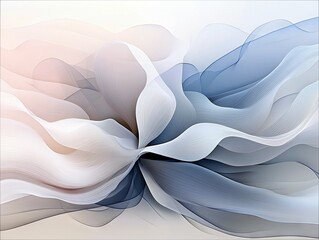 An abstract composition featuring flowing, translucent waves of fabric in shades of white, light blue, and subtle pink, with intricate linear details.