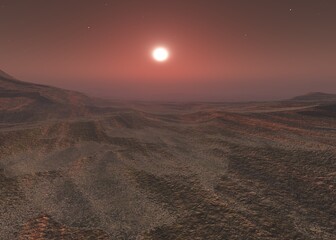 Mars at sunset, panorama of Mars, alien landscape, a panorama of a surface of another planet, 3D rendering