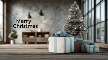 A Christmas tree with a light blue ribbon next to it and two gift boxes on the floor in a modern interior design room with large windows