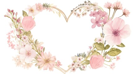 A soft pink heart sits at the center of a delicate watercolor floral wreath, set against a clean white background, conveying romance and suitable for decoration or celebratory occasions.
