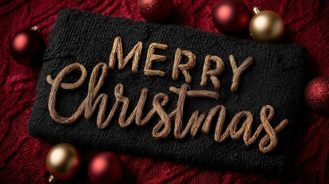 Merry Christmas text written in brown wool on black knitted fabric with red and gold Christmas ornaments around the letters on a dark background - Powered by Adobe