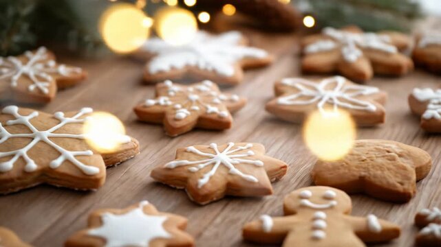 Delicious homemade gingerbread cookies decorated with white icing festive holiday dessert on wooden table with blurry lights