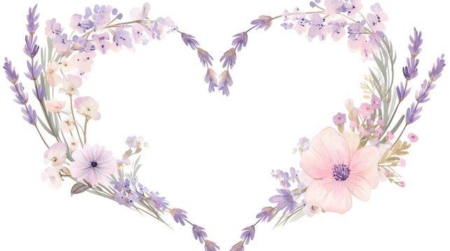 A soft pink heart sits at the center of a delicate watercolor floral wreath, set against a clean white background, conveying romance and suitable for decoration or celebratory occasions.