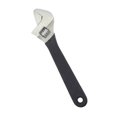 An adjustable wrench with a metal jaw and black handle isolated on a white background, ideal for mechanical repair, plumbing tasks, construction work, and DIY projects requiring precise tightening