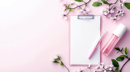 A pink clipboard with a blank white sheet of paper, a pink pen, and a pink cosmetic bottle are arranged on a soft pink background, adorned with delicate cherry