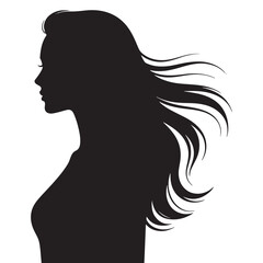 Silhouette of a woman with long hair blowing in the wind, looking graceful and stylish