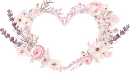 A soft pink heart sits at the center of a delicate watercolor floral wreath, set against a clean white background, conveying romance and suitable for decoration or celebratory occasions.