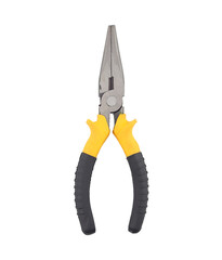 Fototapeta premium Long-nose pliers with a durable metal jaw and ergonomic yellow-and-black handle isolated on a white background, ideal for electrical work, crafting, mechanical repair, gripping tasks, and DIY