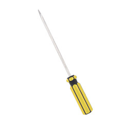 A long Phillips screwdriver with a steel shaft and yellow-black handle isolated on a white background, ideal for mechanical repair, electrical work, woodworking, assembly tasks, and DIY projects.