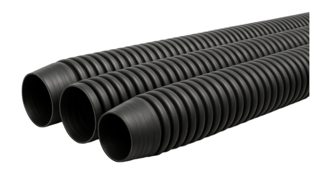 Corrugated polyethylene pipes in a commercial landscape for effective water drainage.