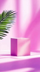 A pink cube pedestal is set against a soft pink background, with dappled light and a green palm frond casting shadows.
