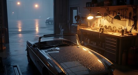 Old convertible during late-night garage repairs