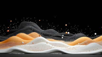 An abstract, undulating landscape featuring smooth, layered forms in white, orange, and dark gray, decorated with small spheres and dots.