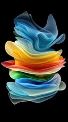 A stack of translucent, flowing, organic shapes in a rainbow of colors against a stark black background.
