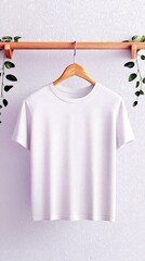 A clean, plain white t-shirt is displayed on a wooden hanger, suspended from a wooden rod, with green leaves framing the scene.