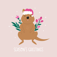 Cute Cartoon Quokka Wearing Santa Hat with Native Berries and Season's Greetings Text.