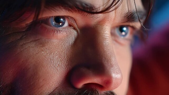 Intense Gaze: A close-up view capturing the intense stare of a man with mesmerizing blue eyes, conveying a sense of deep thought and contemplation.