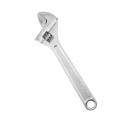 A silver adjustable wrench with a metal jaw and measurement scale isolated on a white background, perfect for mechanical repair, plumbing tasks, construction work, and DIY projects requiring precise