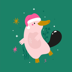 Cute Cartoon Pink Platypus Wearing Santa Hat on Dark Teal Christmas Background.