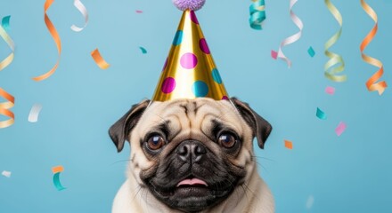 Obraz premium Pug with Party Hat: A lovable pug wearing a festive party hat, surrounded by colorful streamers. A picture of pure joy and celebration.
