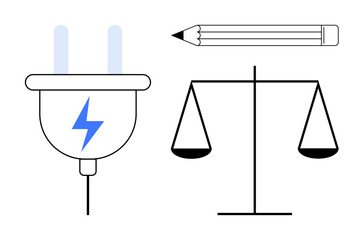 Electric plug with lightning, pencil for creativity, and balancing scales. Ideal for innovation, energy use, work-life balance, education, fairness justice and decision-making concepts. Simple flat