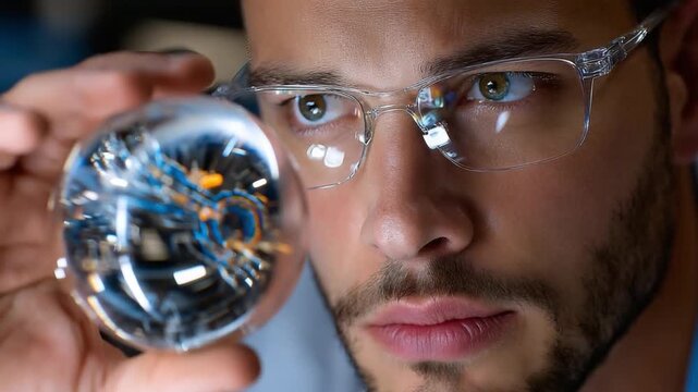 Intrigued Technician Analyzing Globe: A focused technician with clear glasses holds a reflective glass sphere, meticulously scrutinizing its contents, embodying precision, curiosity.