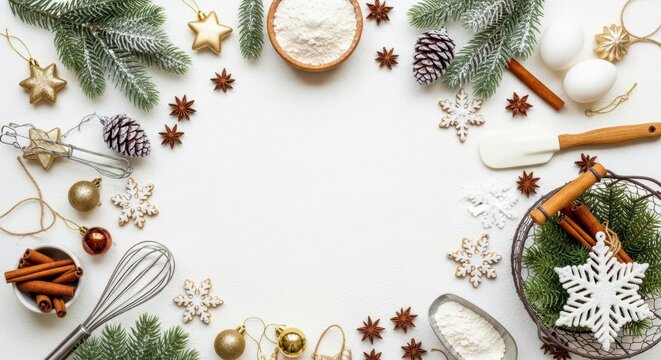 Festive Baking Scene: A beautifully arranged collection of baking ingredients and holiday ornaments forms a captivating display, ready to inspire culinary creativity and festive cheer.