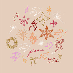 Hand drawn sketch elegant delicate line art Christmas elements print